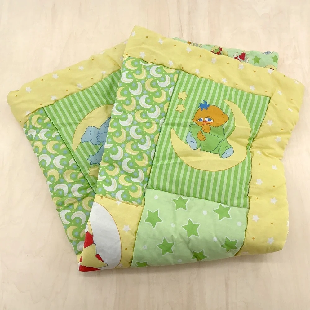 Vintage 90s Sesame Street Baby Quilt Toddler Green Yellow Elmo Big Bird 32
